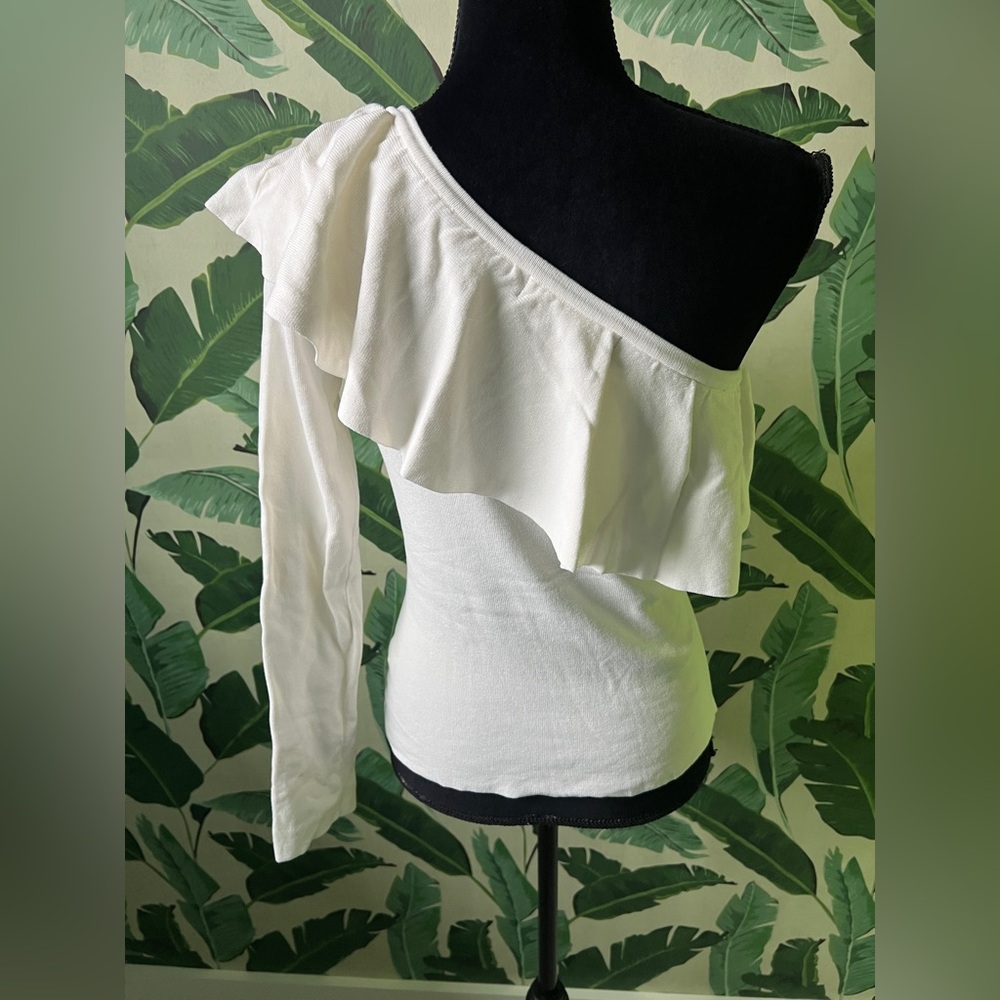 Do+Be White Ruffle One Shoulder Long Sleeve Sweater Knit Top Womens Medium - Picture 4 of 7